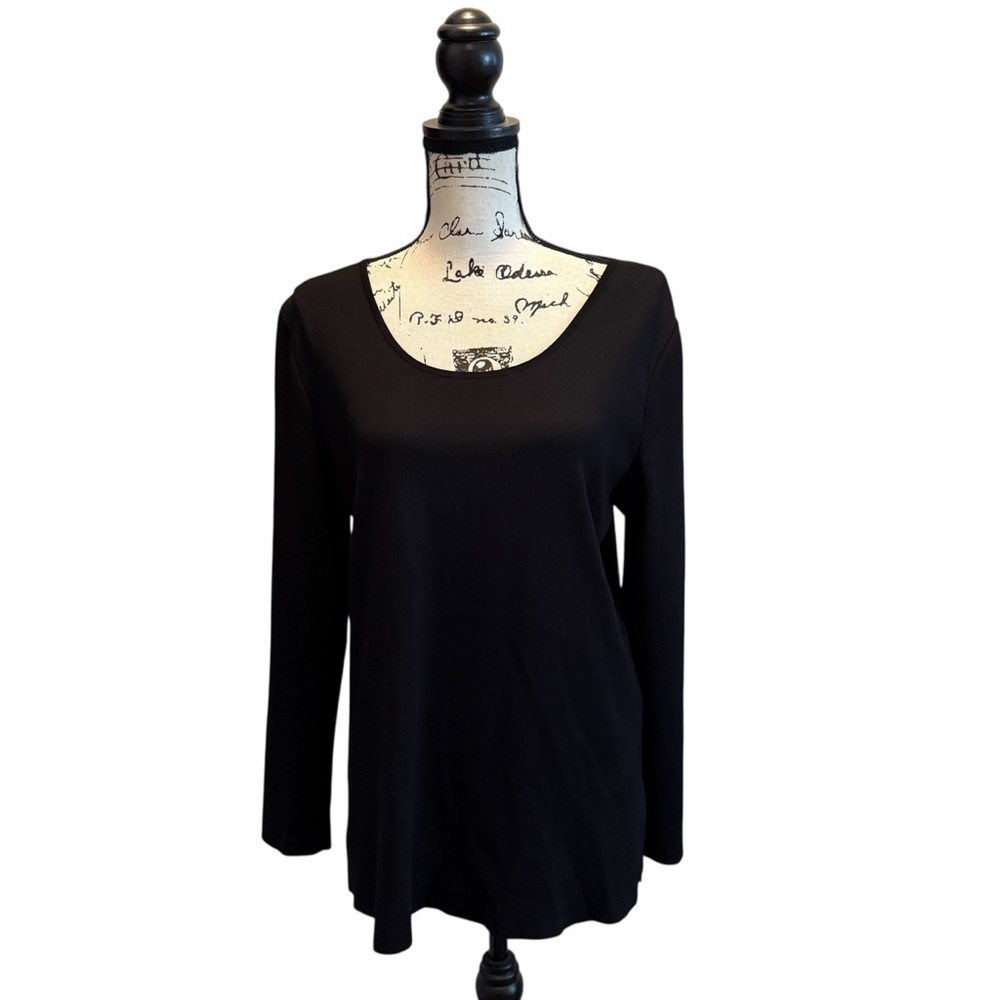 MING WANG Knit Lightweight Tunic Sweater Pullover Black Size Large Scoop Neck